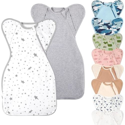 Swaddle Blanket Sleep Sack with Arms Up Design 2 Packs, Hands Up Sleeping Sack 3-Way Transitions to Arms-Free Wearable Sleeping Bag for Newborn Baby Boys Girls Snug Fit Calms Startle Reflex
