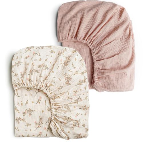 Konssy Muslin Crib Sheets for Girl Boy, 2 PCS Soft and Breathable Cotton Baby Sheets for Standard Crib Mattress, 52"x 28" (Floral, Pink)