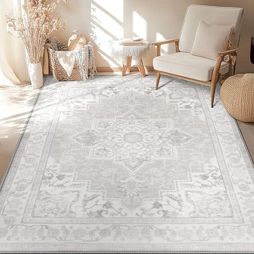 BESTSWEETIE 5x7 Area Rugs for Living Room, Washable Ultra Soft Boho Vintage Print Pattern Rug Non Slip Low Pile Carpet for Dining Room Bedroom Entryway Indoor-Light Grey