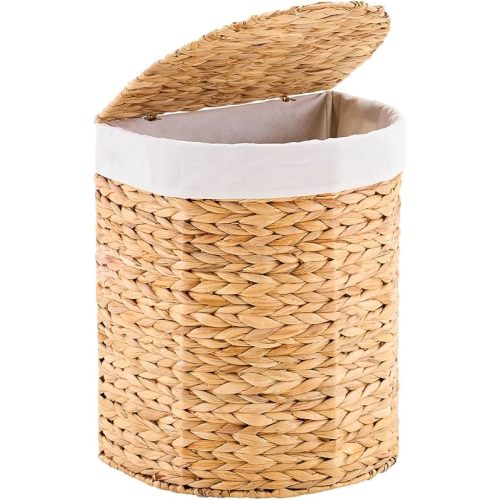 Water Hyacinth Laundry Hamper with lid, Half Moon Shape with 2 Removable Cloth Bags, Handwoven Boho Wicker Basket for Laundry Organization, Natural
