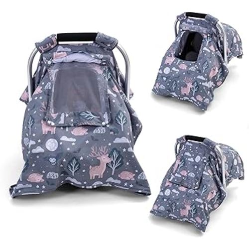 Car Seat Cover Baby, Carseat Covers Baby with Screen Mesh Window, Breathable Baby Carrier Canopy for Boys, Girls, Universal Infant Car Seat Protection Shield for Sunlight, Dust