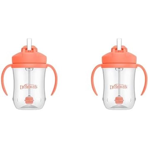 Dr. Brown's Milestones Baby’s First Straw Cup, Training Cup with Weighted Straw, Coral, 6m+ (Pack of 2)
