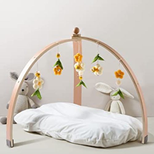 let's make Wooden Play Gym, Foldable Developmental Activity Gym for Baby to Toddler, Infant Activity Gym with 6 Hanging Sensory Toys, Newborn Gift for Girls Boys (without Play Mat)