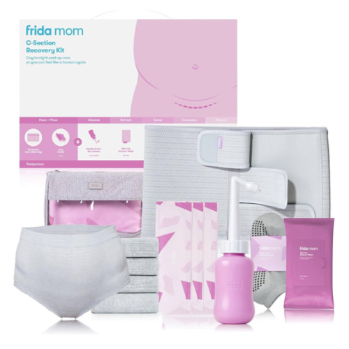 Frida Mom C-Section Recovery Must Have Kit for Labor, Delivery, & Postpartum, Socks, Peri Bottle, Disposable Underwear, Abdominal Support Binder, Shower Wipes, Silicone Scar Patches, & Toiletry Bag
