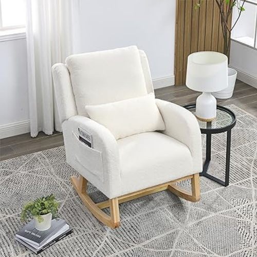 Rocking Chair Nursery with Pillow, Nursery Rocking Chairs in Teddy Fabric with Wingback & Armrest, Built-in 2 Side Pockets, Comfy Nursery Glider Nursing Chair Armchair for Living Room, Bedroom, White