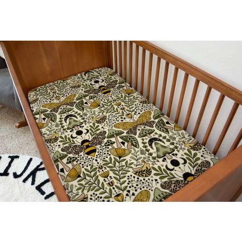 Moths and Bees Baby Crib Sheet, Botanical Nursery Bedding, Mushrooms and Moons, Large Design, Cotton Sateen