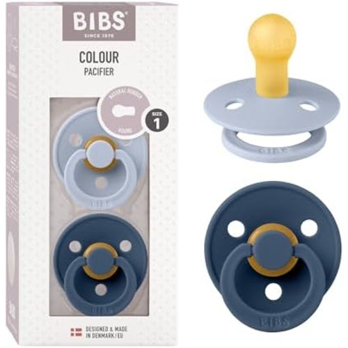 BIBS Pacifiers Colour Collection | Natural Rubber Baby Pacifier | Set of 2 BPA-Free Soothers | Made in Denmark | 0+ Months (Pack of 2) | Dusty Blue/Steel Blue