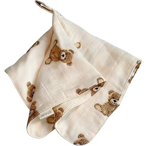 Ali+Oli Security Blanket for Baby (Teddy Bear) Pacifier Blanket Holder Made with Soft Muslin Cotton, Cuddle Blanket with Lead-Free Button Snap Closure, Pacifier Holder, Baby Blankets (15"x15")