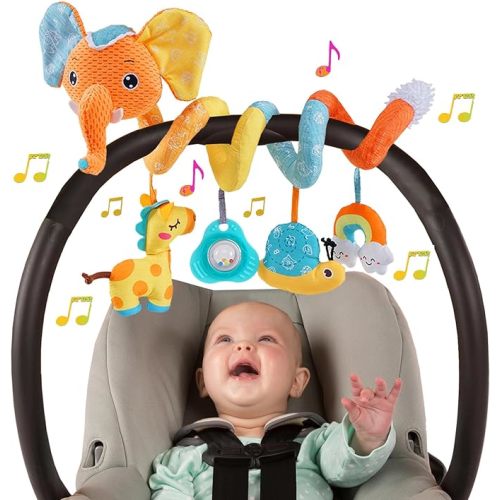 Car Seat Toys for Baby, Spiral Activity Stroller Toy for Infants 0-6 Months, Hanging Baby Toys Crib for Newborn 0 3 6 12 Months Developmental Toy with Music Box Rattle Squeaker- Orange Elephant