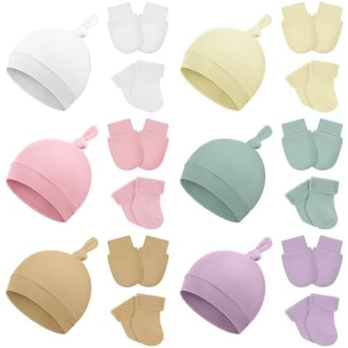 Cutecrop 6 Pcs Preemie Hats Mittens and Socks Set Cotton Preemie Cap Knotted Hat No Scratch Warm Terry Socks for Boys Girls