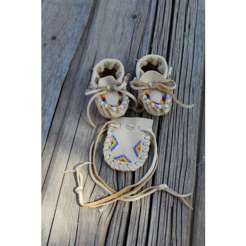 Beaded Buckskin Baby Moccasin Set with Medicine Bag