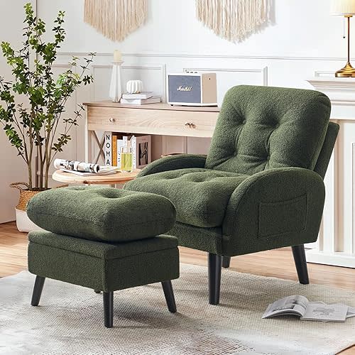 Accent Chairs with Ottoman, Upholstered Comfy Armchair, Reading Chair Recliners with Adjustable Backrest & Storage Footrest, Lazy Chair for Livingroom, Bedroom(Teddy Fabric - Green)