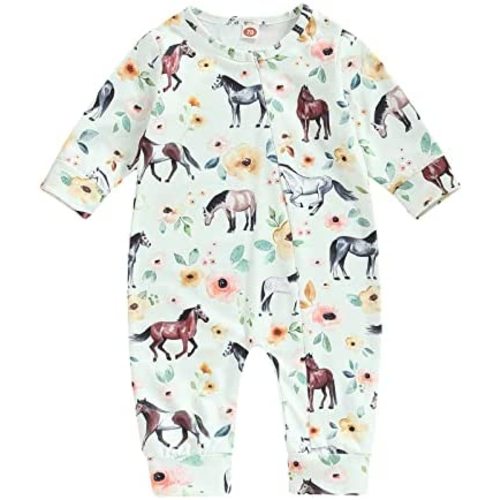 TheFound Western Baby Boys Girls Clothes Horse Floral Print Long Sleeve Infant Jumpsuits Newborn Autumn Cute Bodysuits 0-18M