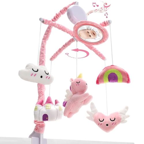 Crib Mobile for Girls, Crib Mobile with 36 Lullabies Musical Box, Baby Mobile for Crib with Mirror, Volume & Songs Control, Baby Mobile Hanging Rotating Crib Toys(Pink Castle&Rainbow Theme)