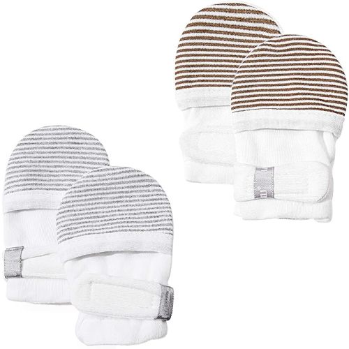 HAPIU Baby No Scratch Mittens Stay On, 100% Cotton Breathable, Adjustable Infant Gloves for Boys Girls, Newborn - 12 M - Gray&brown Stripe