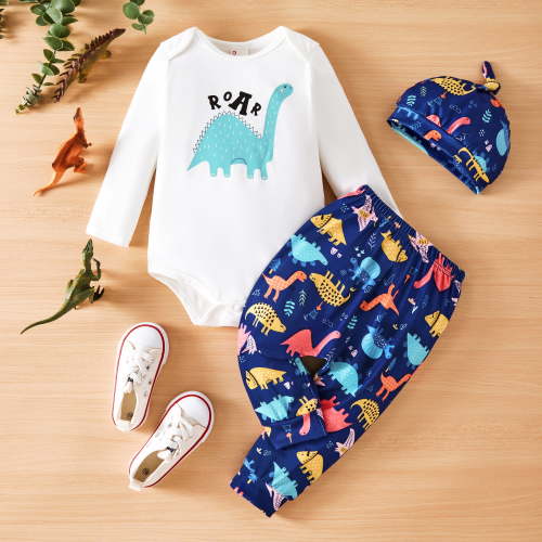 PatPat Baby Boy Outfit Set Long Sleeve Bodysuit and Pants with Dinosaur Print Hat Navy Blue 0-18 Months