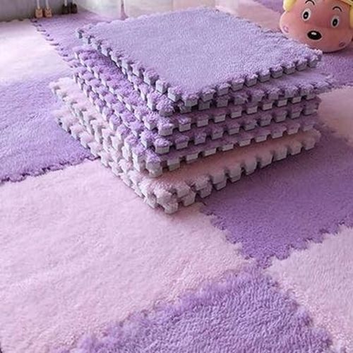 12pcs Plush Puzzle Foam Floor Mat, Soft Thicken Fluffy Interlocking Square Foam Tiles Area Rugs Carpet for Parlor Bedroom Decoration(11.8x11.8x0.55in,Purple&Pink)