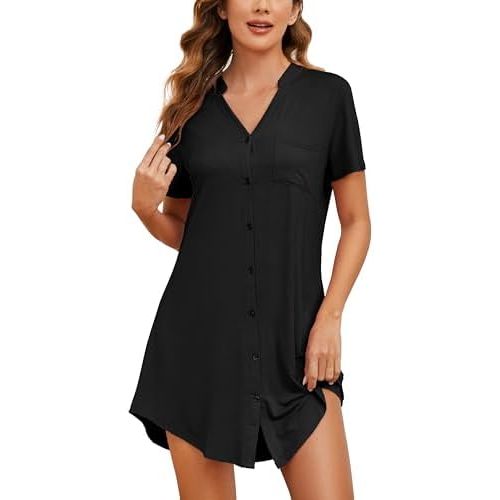 Women's Button Up Nightgown Short Sleeve Sleepshirt Maternity Sleepwear Sexy Night Gown for Women