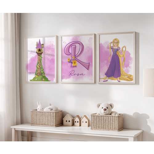 Personalized Rapunzel Wall Art Set, Custom Name Princess Tower Nursery Prints, Tangled Inspired Room Decor for Girls, Set of 3 Posters