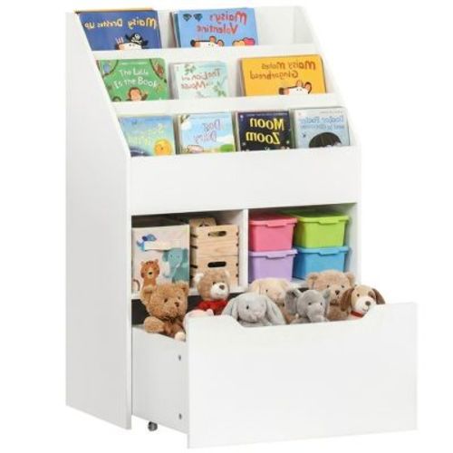 HOMCOM Kids Bookcase Multi-Shelf Rack Organizer with Storage Drawer for Books for Playroom, White