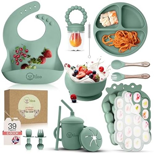 O'doe Baby Weaning Set – 15 Pcs Silicone Baby Feeding Set with Suction Plate, Bowl, Bib, Sippy Cup, Fruit Feeder & Freezer Tray – Baby Plates and Bowls Set for 3M+ | BPA-Free Baby Dishes & Utensils
