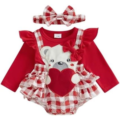 MoZiKQin Baby Girl Valentines Day Outfit Newborn Romper Dress Love Heart Print Long Sleeve Ruffle Skirt Jumpsuit+Headband