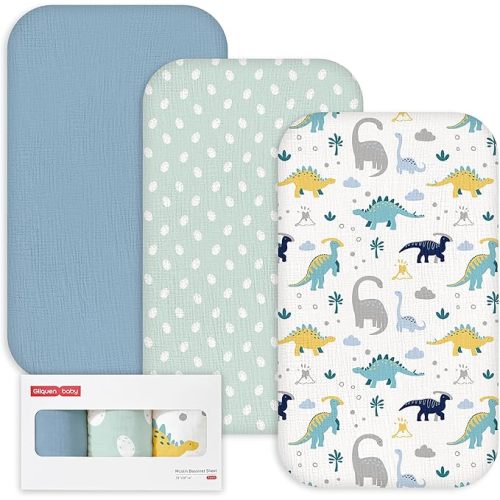Gllquen Baby 3-Pack Muslin Cotton Bassinet Sheets, 33"x20" Fitted Crib Sheets for Bedside Sleeper & Travel Crib, Oeko-TEX Certified Soft Breathable Sheets, Easy On/Off (Dinosaur)