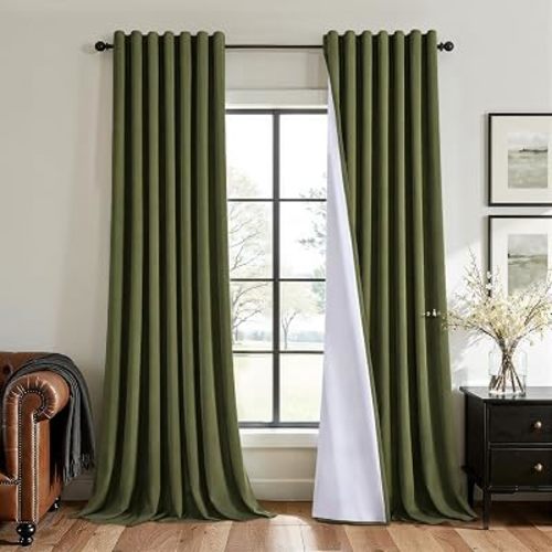96 inches long Blackout Curtains Olive Green Elegant Luxury 100% Light Blocking Thermal Insulated Privacy Drapes for Living Room Bedroom Heavy Thick Velvet Curtain Rails Ceiling Mount 2 Panels,W52