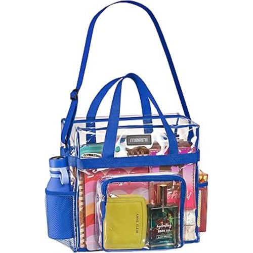 Masirs Clear Tote Bag Stadium Approved - Mesh Pockets Shoulder Straps Zippered Top Perfect for Work Games Concerts