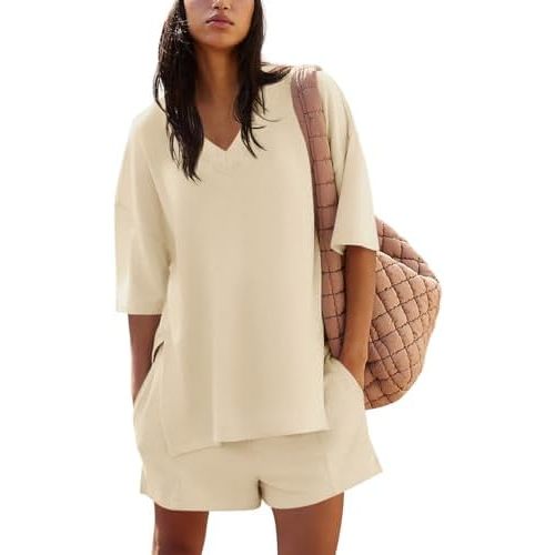 Yousify Womens 2 Piece Sets Summer Outfits 2025 Lounge Set 3/4 Sleeve Oversized Tops And Elastic Waist Shorts With Pockets