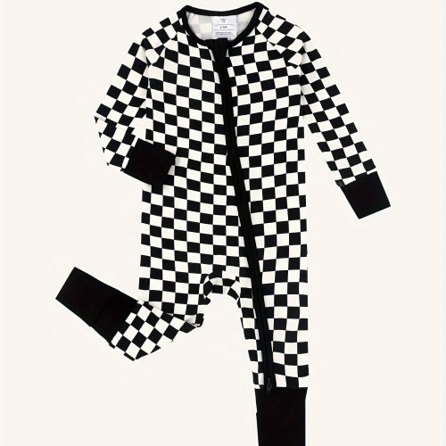 Ultra-Soft Zippered Onesie Made from Bamboo Fiber, Featuring an Digital Print in a Checkered Pattern, for Outdoor