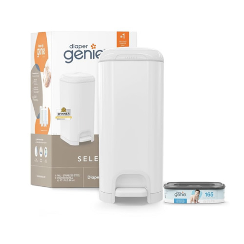 Diaper Genie Select Pail is Made of Durable Stainless Steel and Includes 1 Starter Square Refill That can Hold up to 165 Newborn-Sized Diapers.