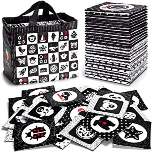 teytoy Black and White Baby Sensory Toys High Contrast Cards Cloth Fabric Soft Cards for Newborn 0-6 Months Visual Stimulation Early Development with Animals Fruit Number Shape Letter, 26 Pcs