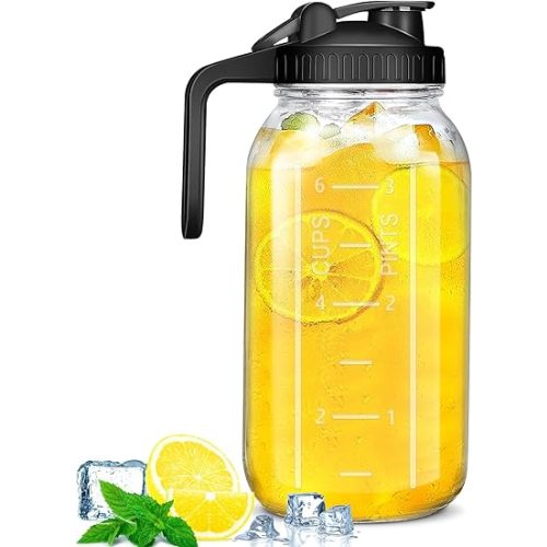 Mason Jar Pitcher with Pour Spout Handle Lid, 64OZ/2 Quart Wide Mouth Glass Pitcher with Airtight Seal Lid, Heavy Duty Pitcher with lid Nice for Breastmilk, Cold Brew Coffee, Iced Tea, Fruit Tea
