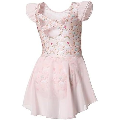 DIPUG Ballet Leotards for Girls Ballet Leotard with Skirt Toddler Dance Leotards Flutter Sleeve and Criss-Cross Back
