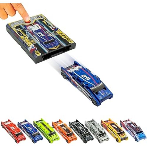 FLAT 2 FAST Original Stunt Card Racer – Flat Car Racer and Pocket Size Racecar Launcher with Built-in Button for Stunt Launching and Racing – Compact – Blue