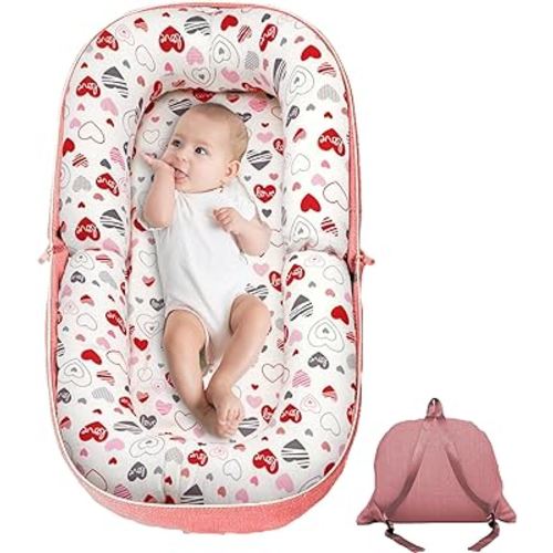 Baby Lounger, Foldable Infant Nest Pillow with Soft Memory Foam Mat, Cover with Adorable Pattern, Converts to Backpack for Easy Travel, 0-12 Months, Pink