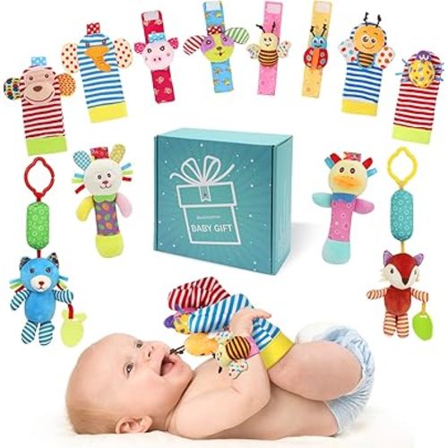 Baby Hanging Rattle, Wrist Rattles Foot Finder Rattle Sock, Hand and Feet Rattle Toy, Newborn Present Baby Shower Birthday Gift Set for0 3 6 9 12 24 to 36 Months Babies(12 E)