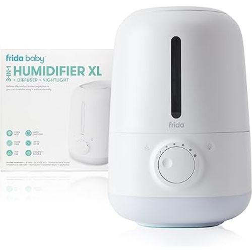 Frida Baby 3-in-1 Humidifier XL + Diffuser + Nightlight | All-Day Operation for Large Rooms, Top-Fill 6L Tank, Variable Cool-Mist Control, Auto Shut-Off, Quiet, Carry Handle, Night Light, Diffuser