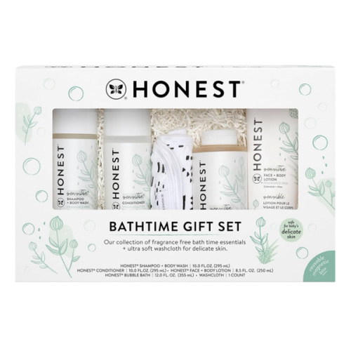 The Honest Company Fragrance Free Bathtime Gift Set | Hypoallergenic Bath Essentials for Sensitive Skin | Shampoo + Body Wash, Face + Body Lotion, Bubble Bath, Conditioner, Wash Cloth