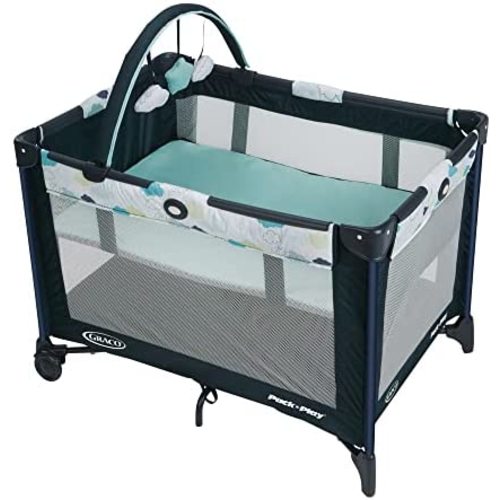 Graco Pack and Play On the Go Playard | Includes Full-Size Infant Bassinet, Push Button Compact Fold, Stratus , 39.5x28.25x29 Inch (Pack of 1)