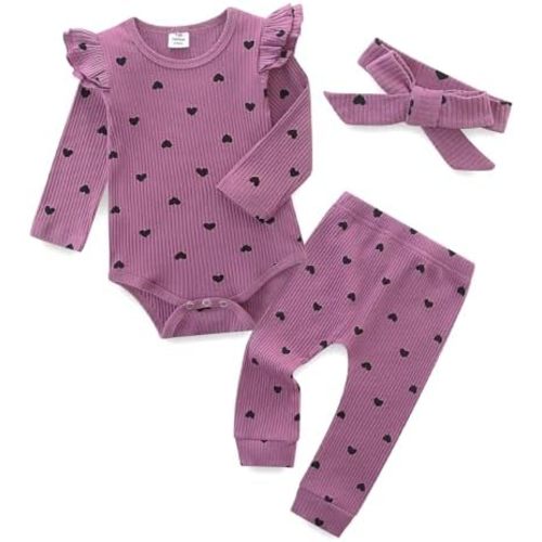 Fullfamous Baby Girl's 3pc Rib Frill Long Sleeve Romper and Pant Set