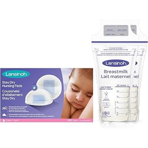 Lansinoh Pump & Protect Breastfeeding Essentials Bundle – 100 Leak-Proof Breastmilk Storage Bags (6 oz, Freezer Safe) + 100 Disposable Nursing Pads for Breastfeeding Moms