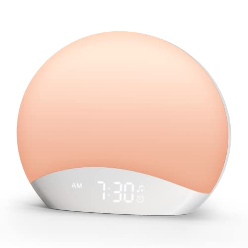 REACHER Sound Machine Sunrise Alarm Clock with Night Light, 26 Nature Inspired Sleep Sounds, 0-100% Dimmable Clock, Sunrise Lamp, Wake Up Light, Brown/Pink/White Noise Machine for Babys, Adults, Kids