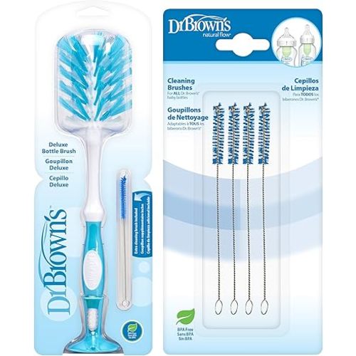 Dr. Brown's Deluxe Baby Bottle Cleaning Brush with Reusable Baby Bottle Vent System and Reservoir Cleaning Bristle Brushes, Blue, 5-Pack