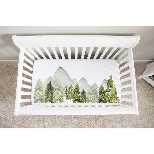 Forest and Mountains Crib Sheet, Woodland Nursery Bedding - Wild Green