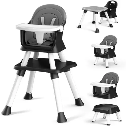 Kinder King 8 in 1 Baby High Chair, Coverts to Dining Booster Seat/Kids Table & Chair Set/Toddler Building Block Table/Kids Stool, Removable Tray & Double Seat Cover, Easy to Wipe, Grey & Black