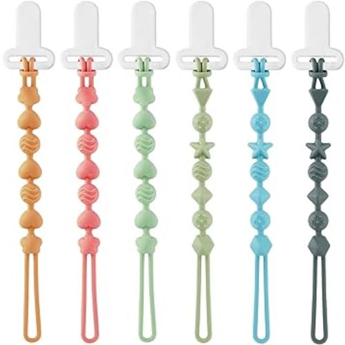 PandaEar 6 Pack Silicone Pacifier Clips, One Piece Design Teething Pacifier Holder Clip, Neutral Baby Paci Clips Boys & Girls, Binky Clips Pacifier Straps Chain for Toys Teethers