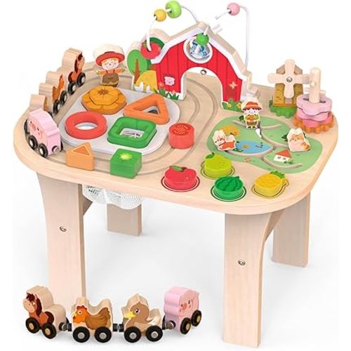 Kids Wooden Farm Activity Table for 1 2 3 Years Old, Montessori Learning Toy with Bead Maze, Shape Sorter & Animal Train, Sensory Development Toy for Toddlers, Educational Gift for Baby Boys Girls 1+