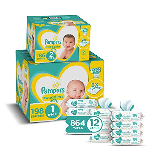 Pampers Baby Diapers and Wipes Starter Kit (2 Month Supply) - Swaddlers Disposable Baby Diapers Sizes 1 (198 Count) & 2, (186 Count) with Sensitive Water-Based Baby Wipes, 1 Count (Pack of 1)